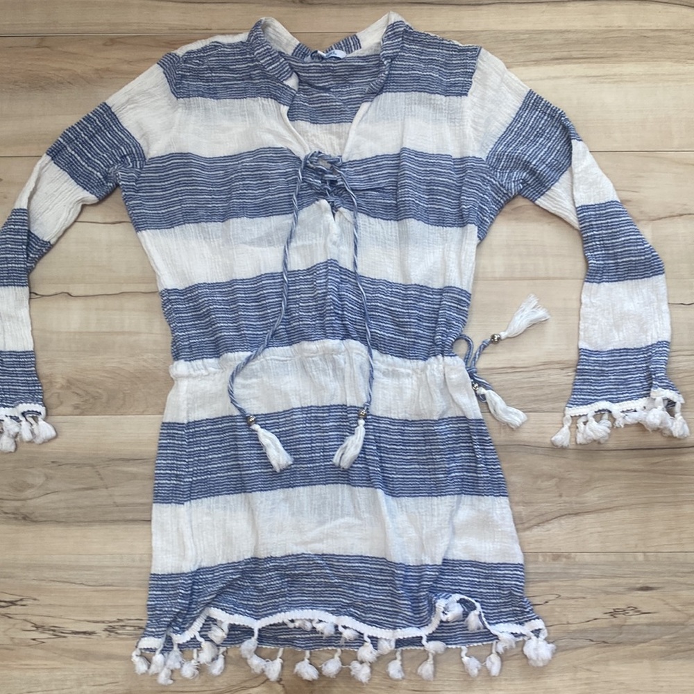 Blue Island Womens L Boho Fringe Long Sleeve Top. Blue and White stripes. - Picture 9 of 12